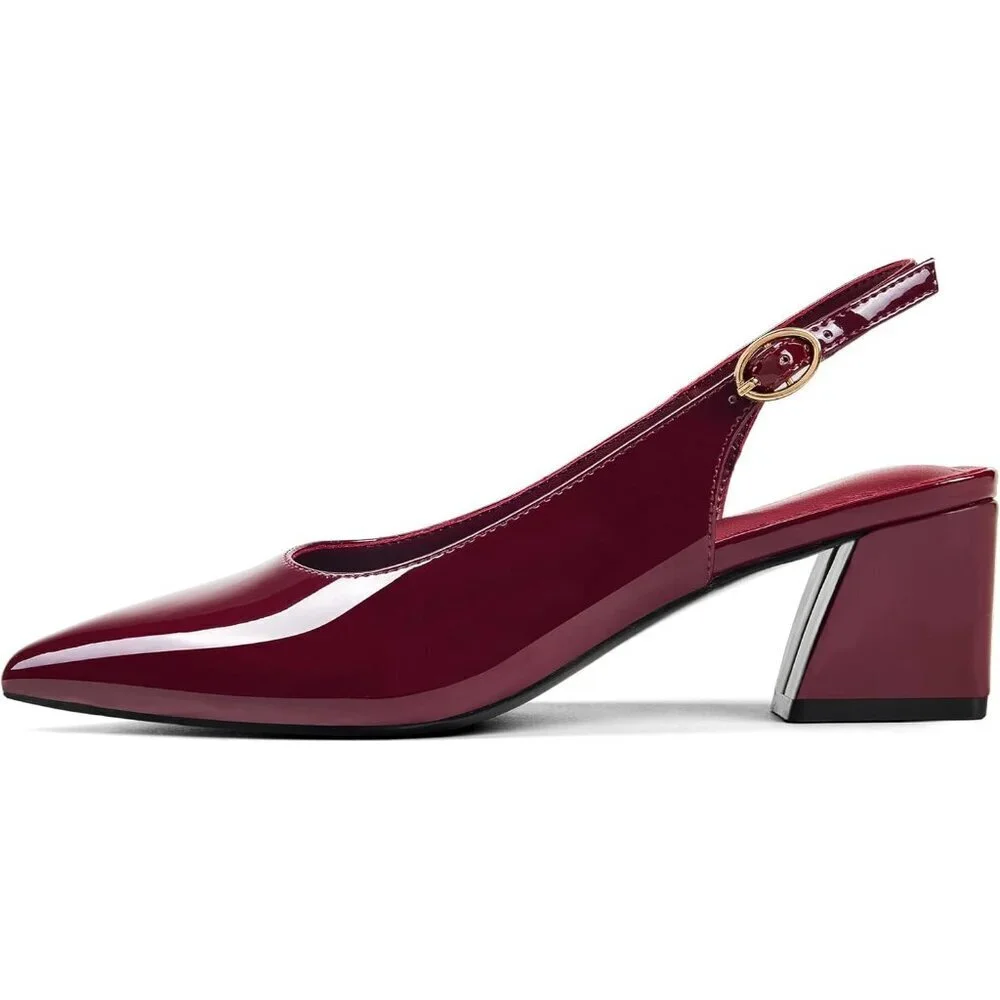 Women's Wine Slingback Closed Toe Block Chunky Low Heel Pumps Party Dress Shoes
